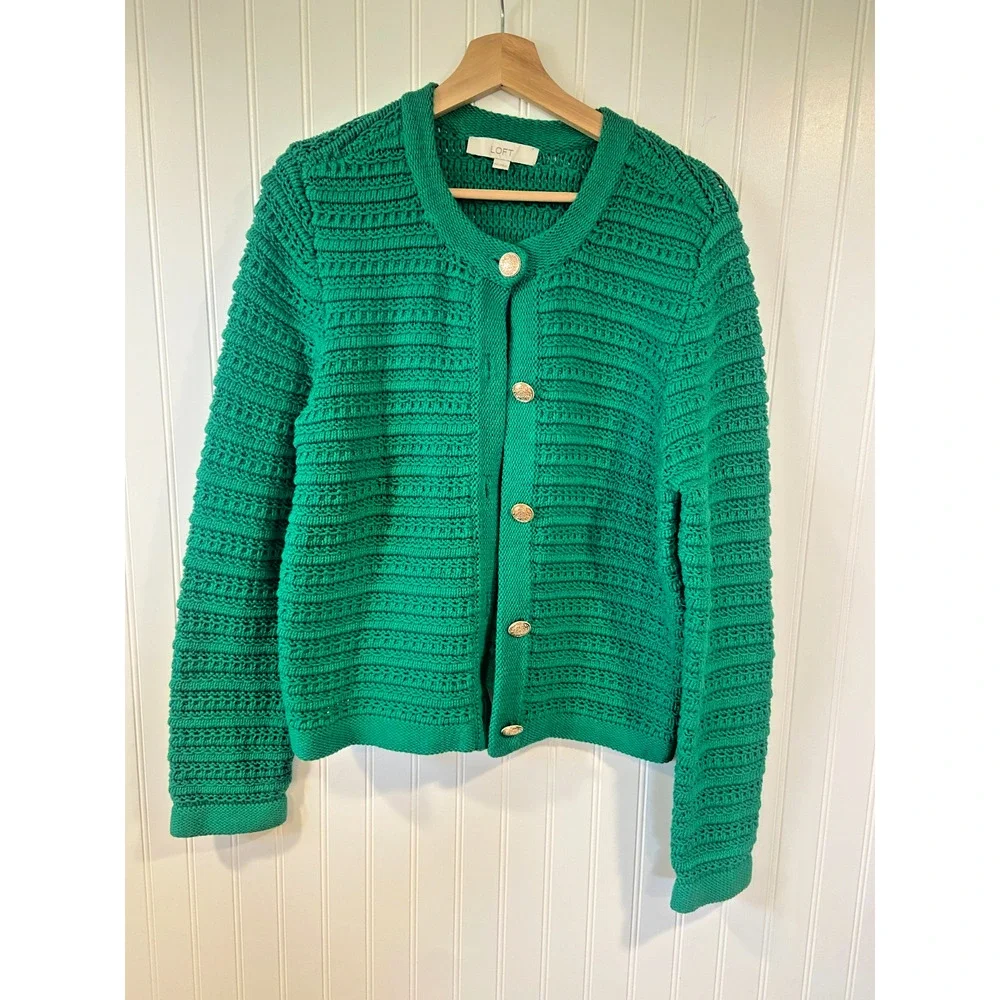 Loft Sweater Women's XXL Green Textured Knit Jacket Cardigan Cotton Blend